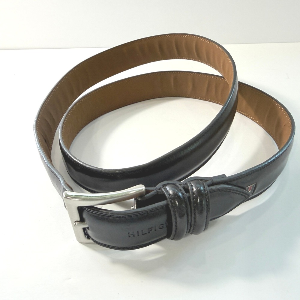 Tommy Hilfiger Mens Black Genuine Leather Dress Belt Silver Buckle Size 42 105
